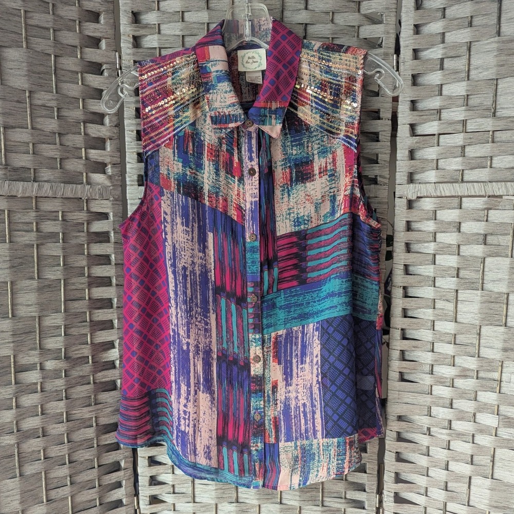 Sleeveless Top Mixed Print Button Up Sequin Multi Color Sz S Festival Boho Glam